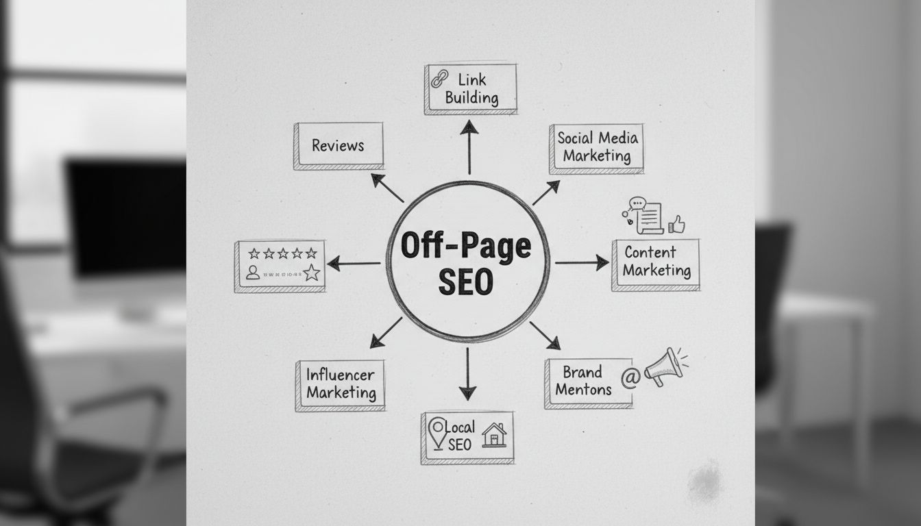 Off-page SEO strategies diagram showing link building, social media marketing, content marketing, brand mentions, local SEO, influencer marketing, and reviews