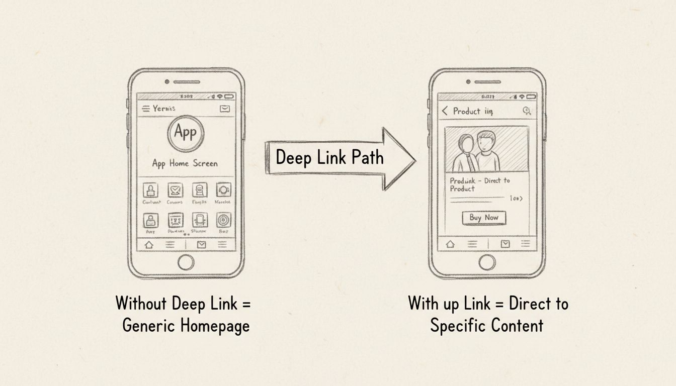 Mobile deep linking diagram showing direct navigation to specific app content versus generic homepage