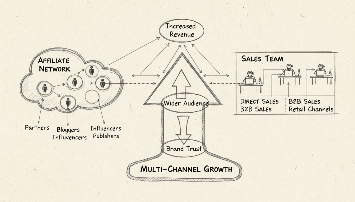 Diagram showing synergy between affiliate network and sales team with converging arrows indicating increased revenue, wider audience reach, and brand trust