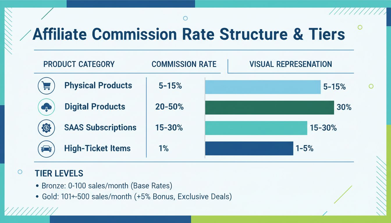 Affiliate commission rate structure showing different product categories with percentage ranges and visual comparison bars