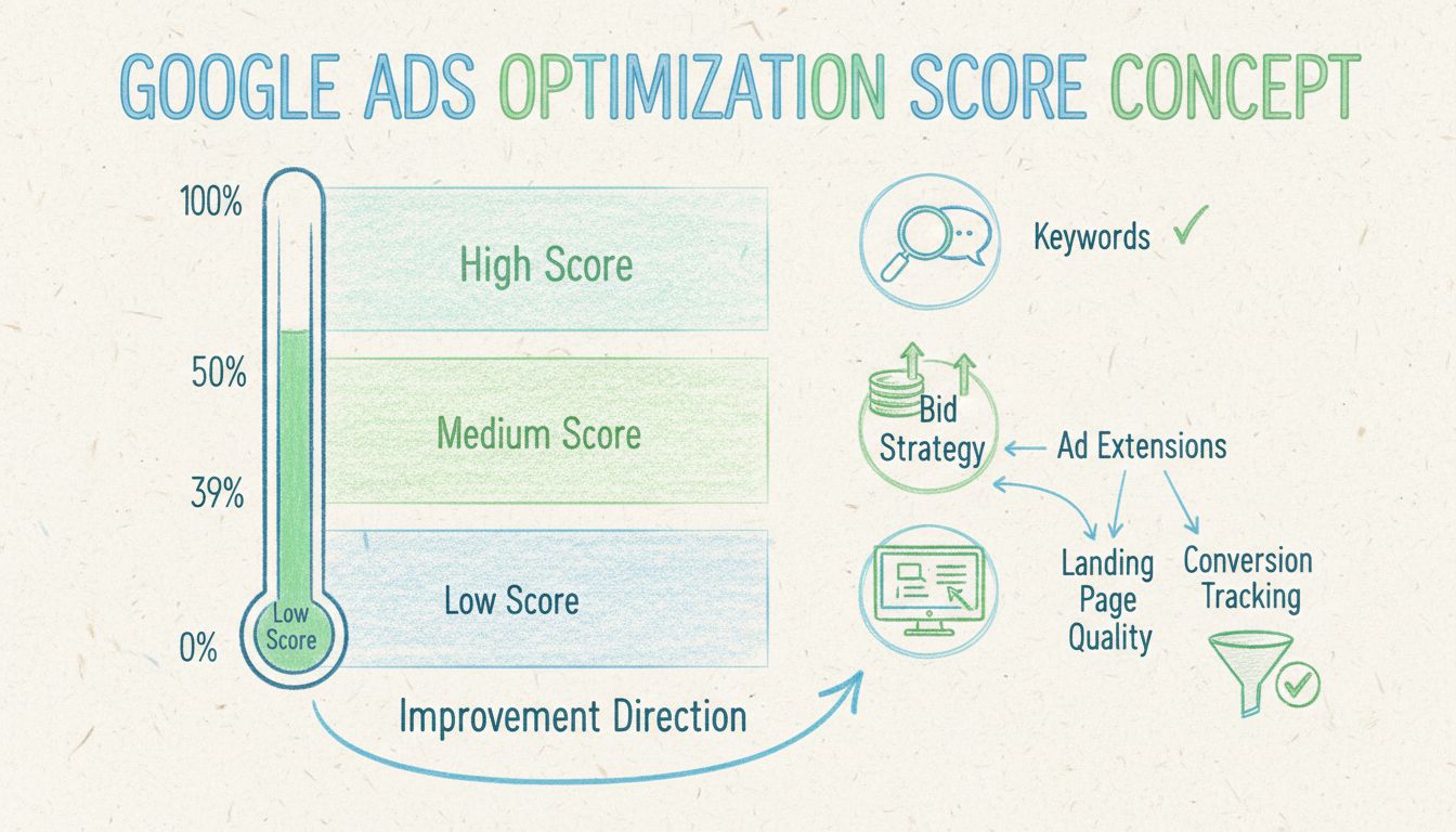 Hand-drawn diagram showing Google Ads Optimization Score scale from 0-100% with performance zones and key optimization factors