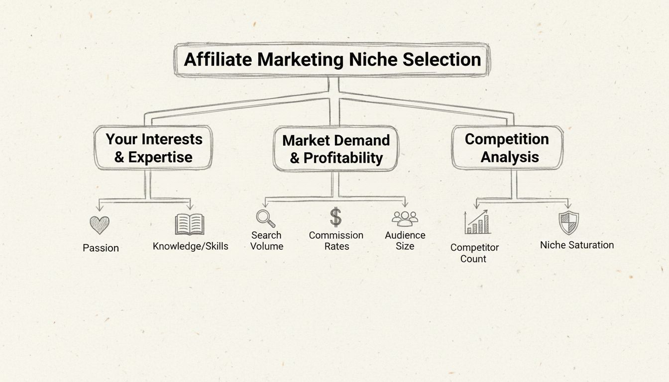 Decision tree diagram for choosing affiliate marketing niche showing three main branches: interests and expertise, market demand and profitability, and competition analysis