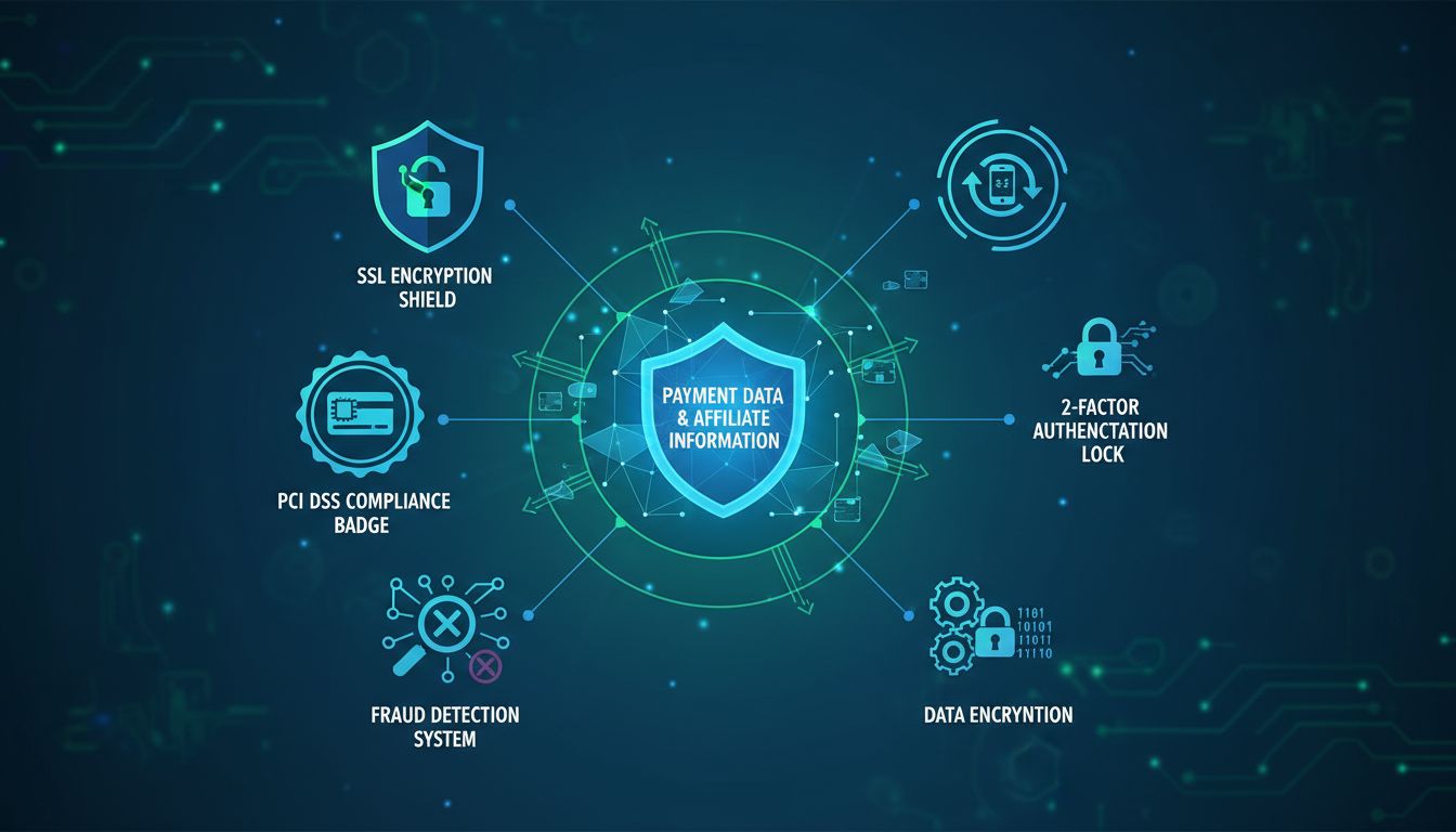 Affiliate plugin security layers including SSL encryption, PCI DSS compliance, 2FA authentication, fraud detection, and data encryption