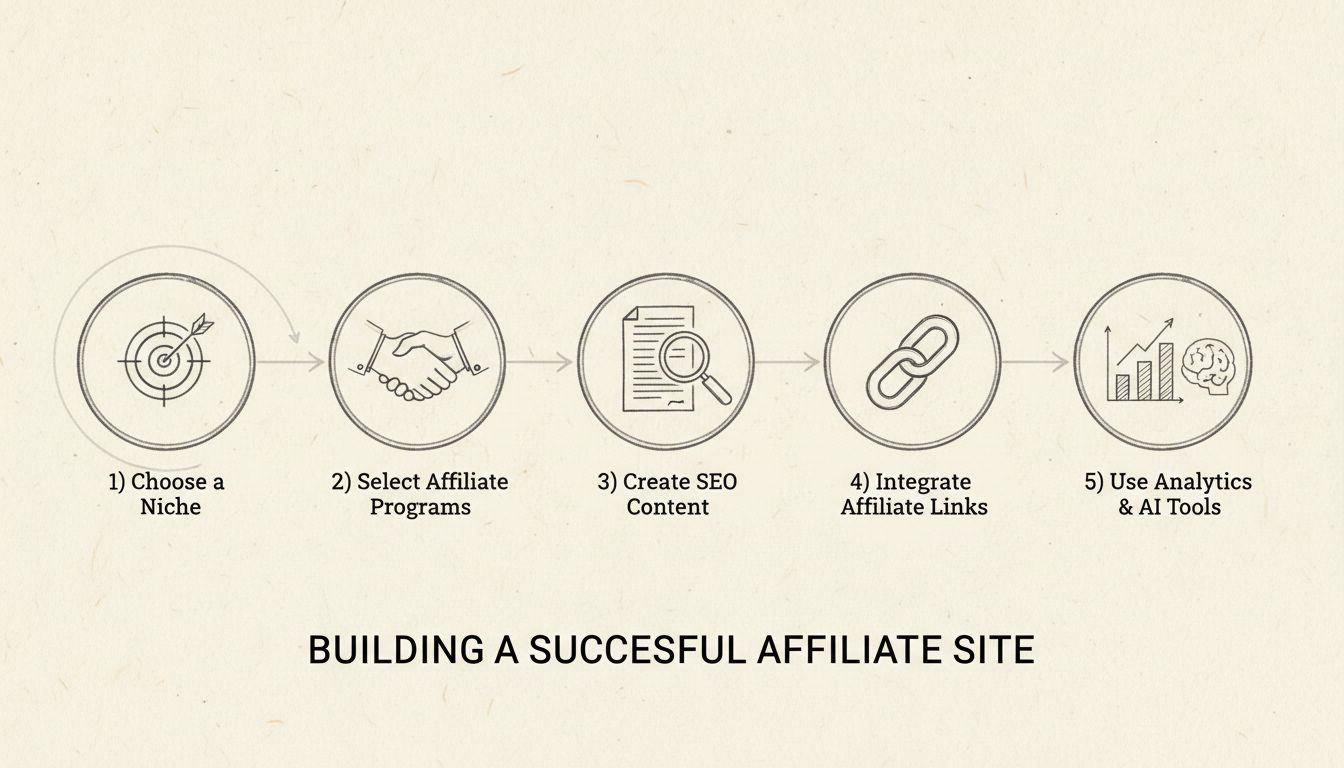 Five key steps to building a successful affiliate site: Choose a Niche, Select Affiliate Programs, Create SEO Content, Integrate Affiliate Links, Use Analytics and AI Tools