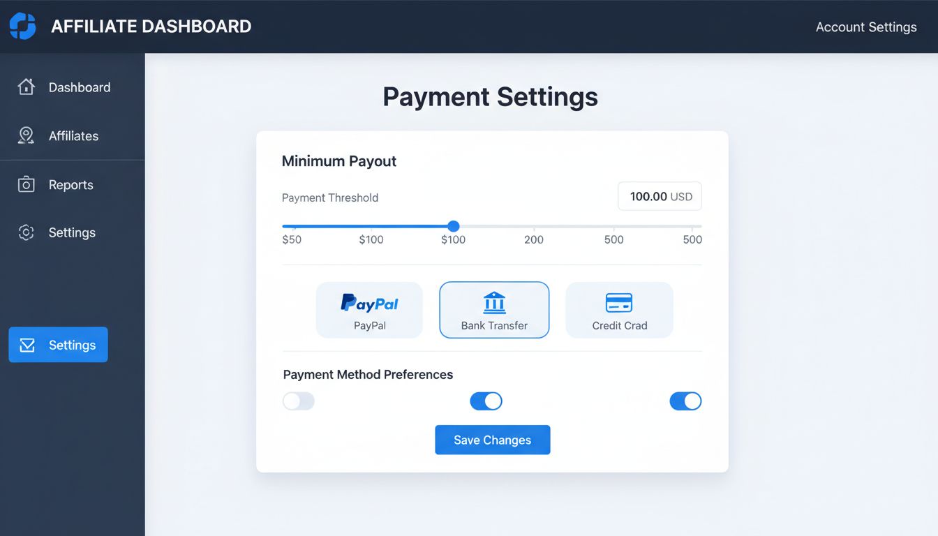 Payment threshold settings dashboard in affiliate management software showing payment configuration options