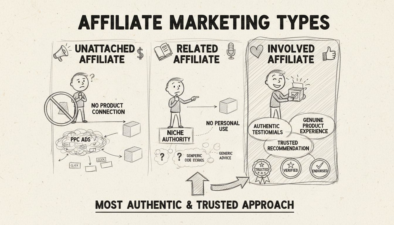 Comparison diagram of three types of affiliate marketing: Unattached, Related, and Involved Affiliates with their characteristics and trust levels