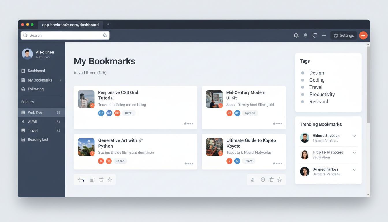 Social bookmarking platform interface showing organized bookmarks with tags and sharing options