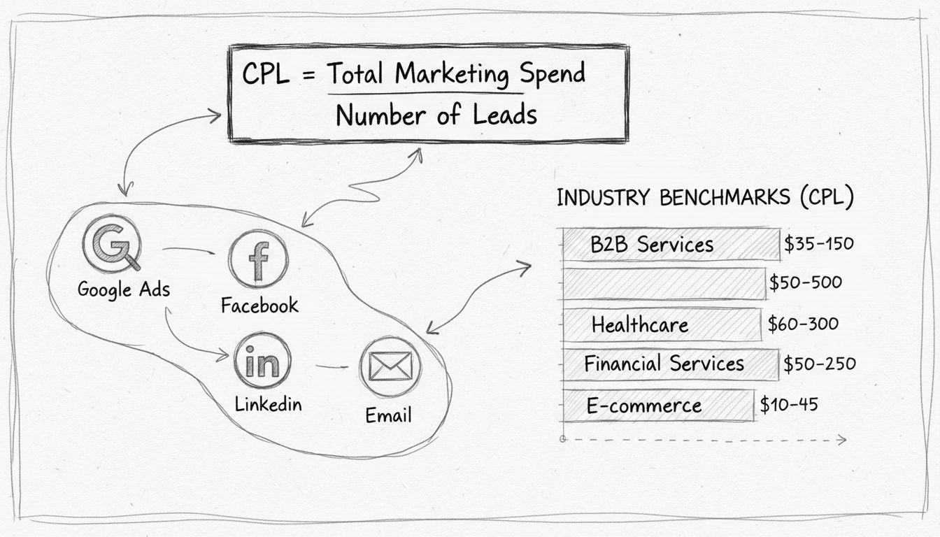 Hand-drawn pencil diagram showing CPL formula, calculation breakdown, and industry benchmarks comparison chart