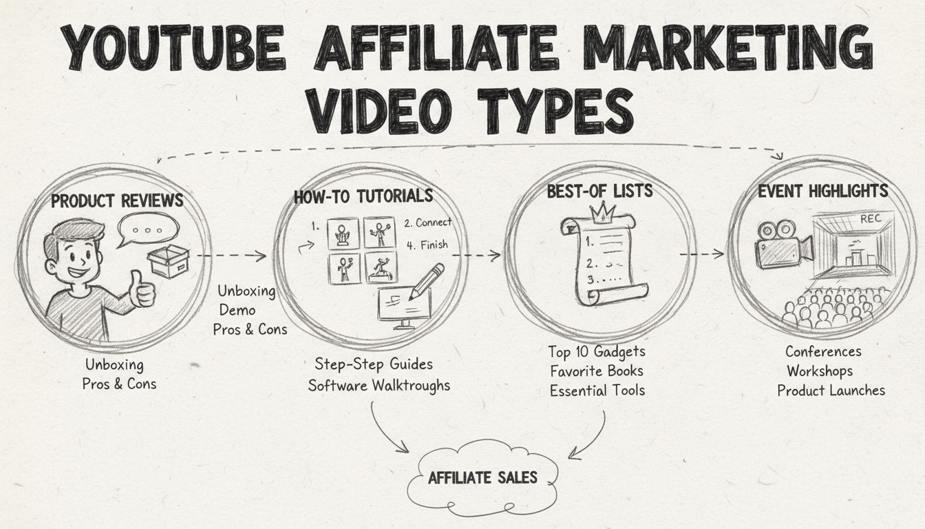 YouTube video types for affiliate marketing including product reviews, tutorials, best-of lists, and event highlights