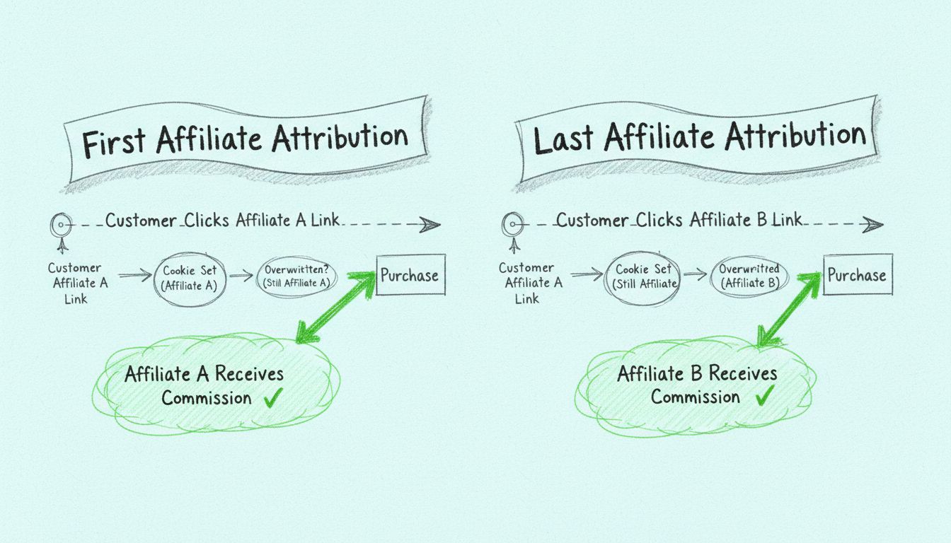 Affiliate attribution comparison diagram showing first vs last touch attribution models with cookie tracking