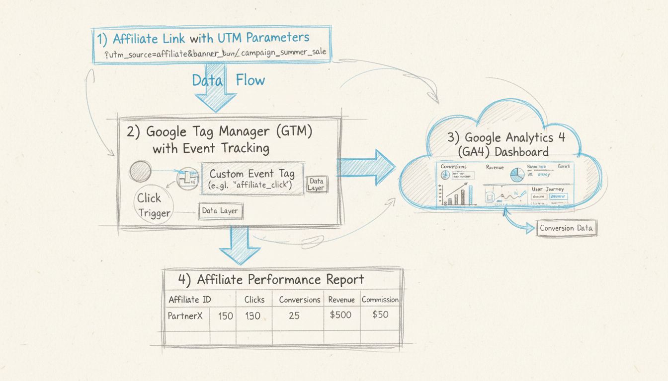 Google Analytics affiliate tracking setup flow diagram showing UTM parameters, Google Tag Manager, GA4 dashboard, and affiliate performance reporting