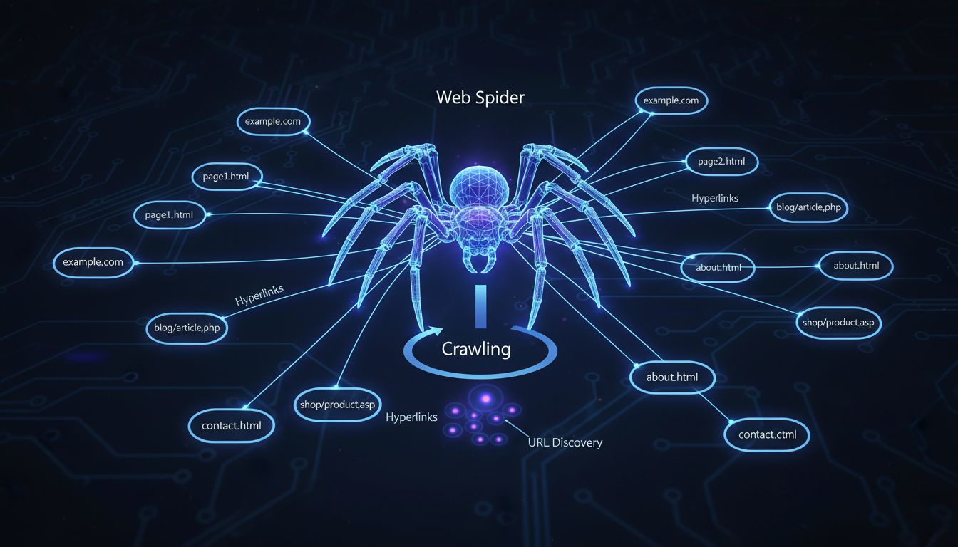 Technical diagram showing how web spiders crawl the internet with network connections and hyperlinks