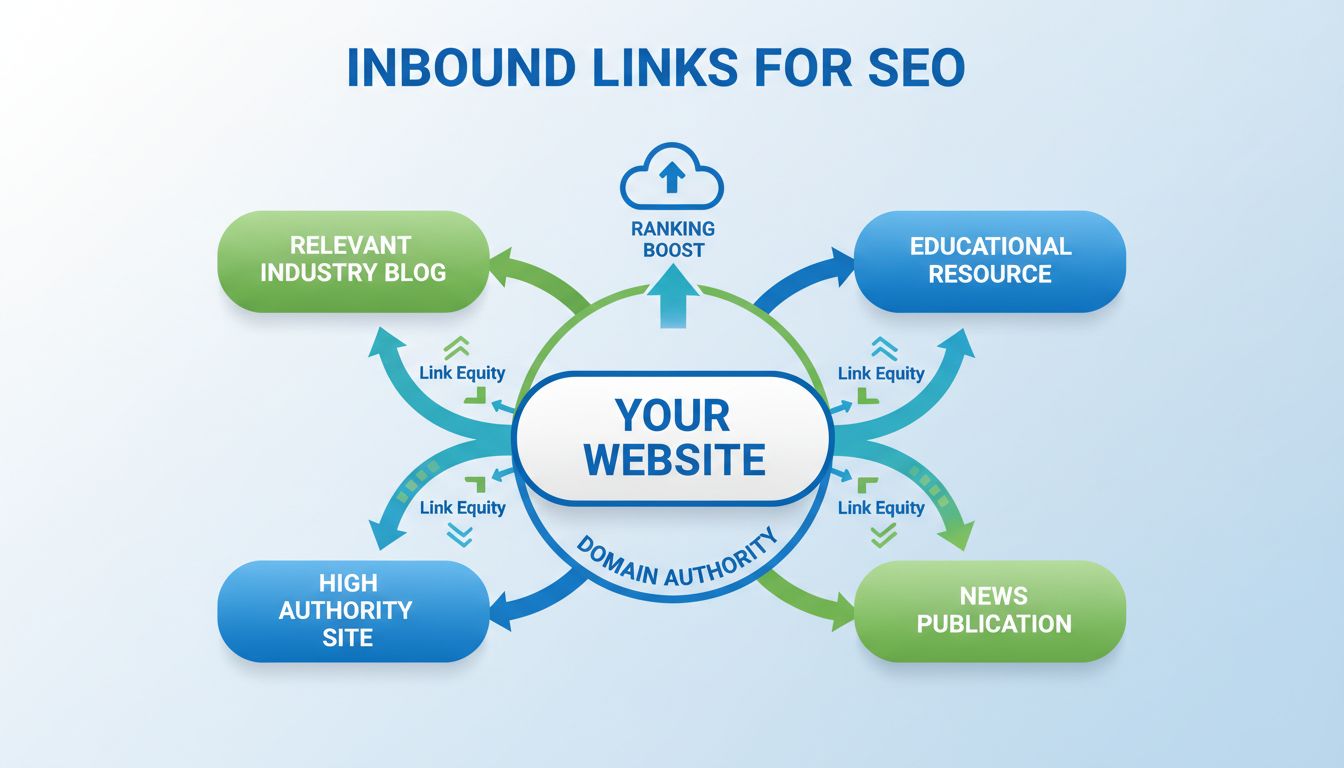 Inbound links network diagram showing how multiple authoritative websites link to your website, demonstrating link equity and domain authority flow