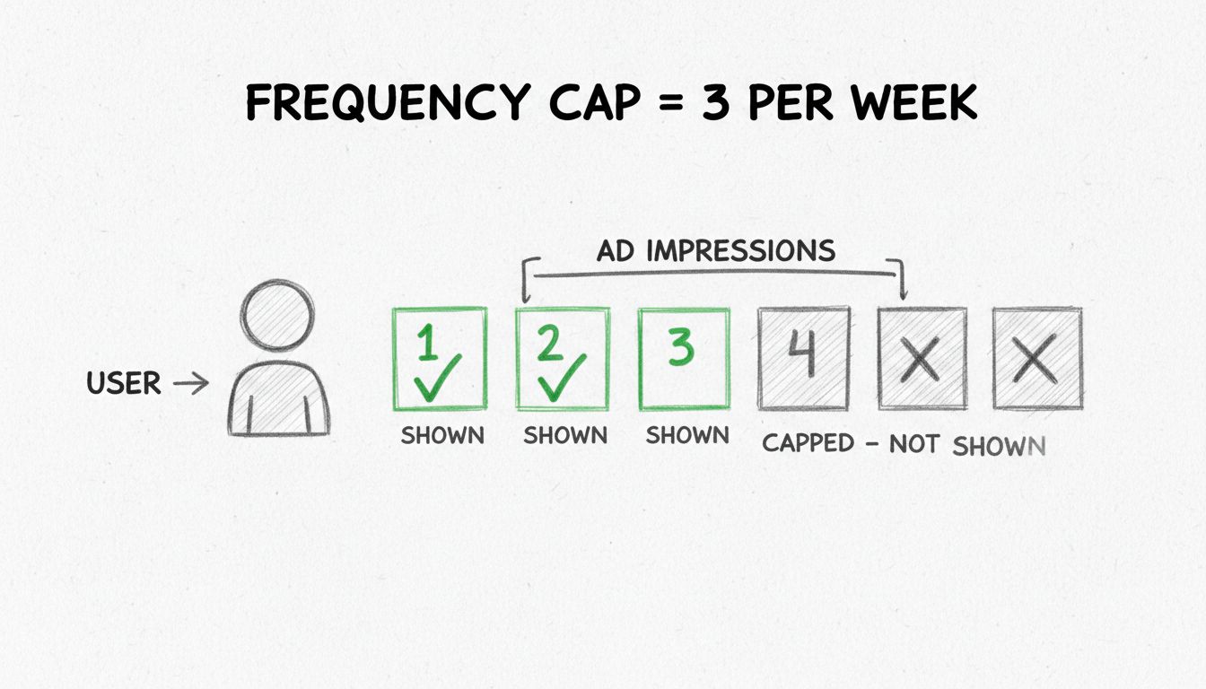 Frequency capping diagram showing how ads are limited to 3 impressions per user per week