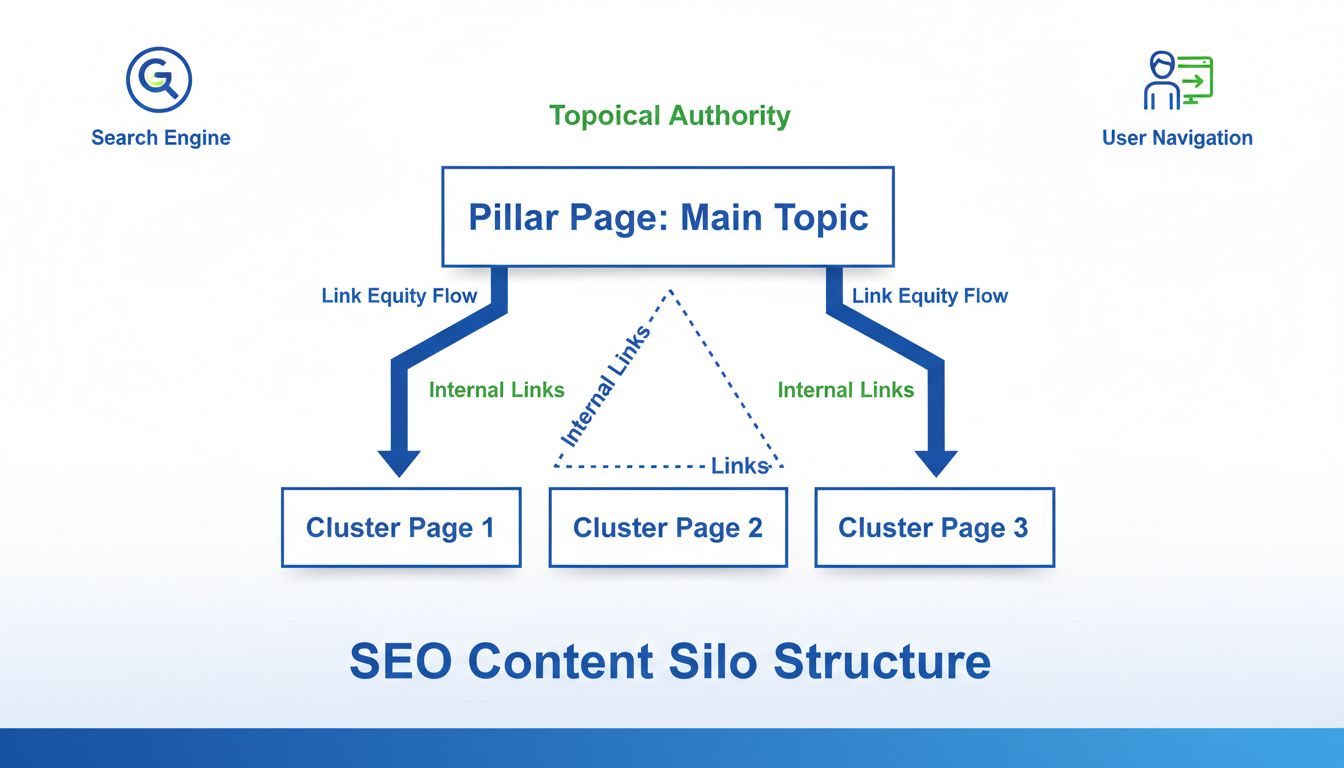 Content silo structure diagram showing pillar page connected to cluster pages with internal linking and link equity flow