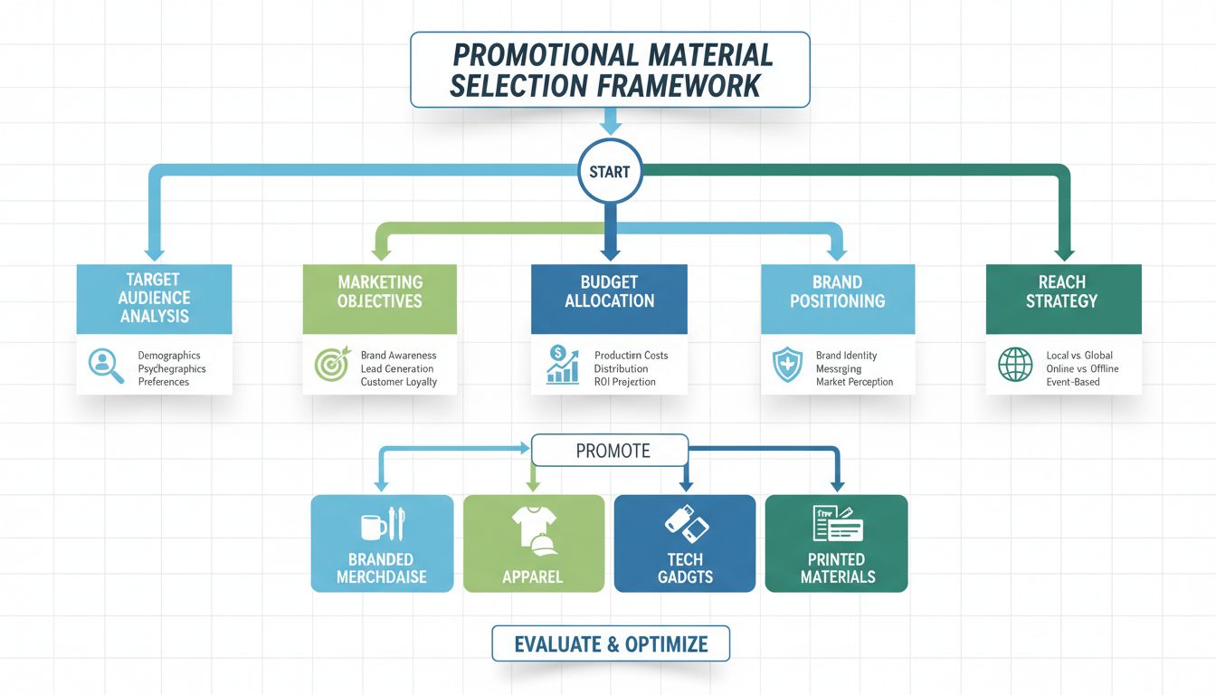 Promotional material selection framework showing decision tree with target audience, marketing objectives, budget, brand positioning, and reach strategy factors