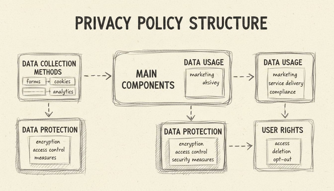 Privacy policy structure diagram showing data collection methods, usage, protection, and user rights