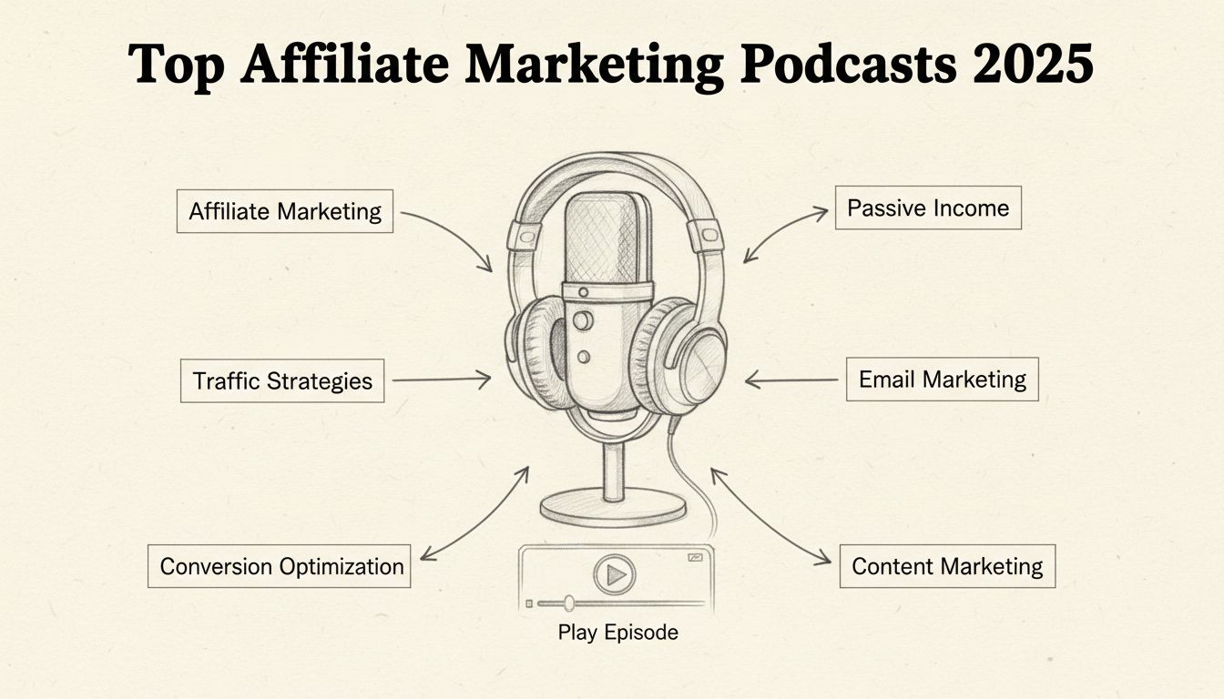 Hand-drawn diagram of podcast microphone with affiliate marketing topics