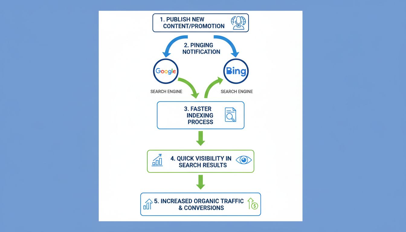 Infographic showing how pinging benefits affiliate marketers with workflow from content publication through search engine notification to faster indexing and increased conversions