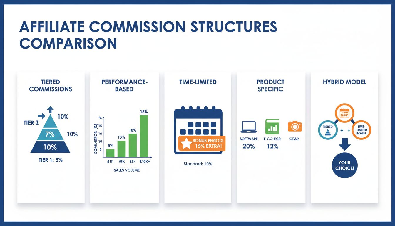 Affiliate commission structures comparison showing tiered, performance-based, time-limited, product-specific, and hybrid models with percentages and visual representations