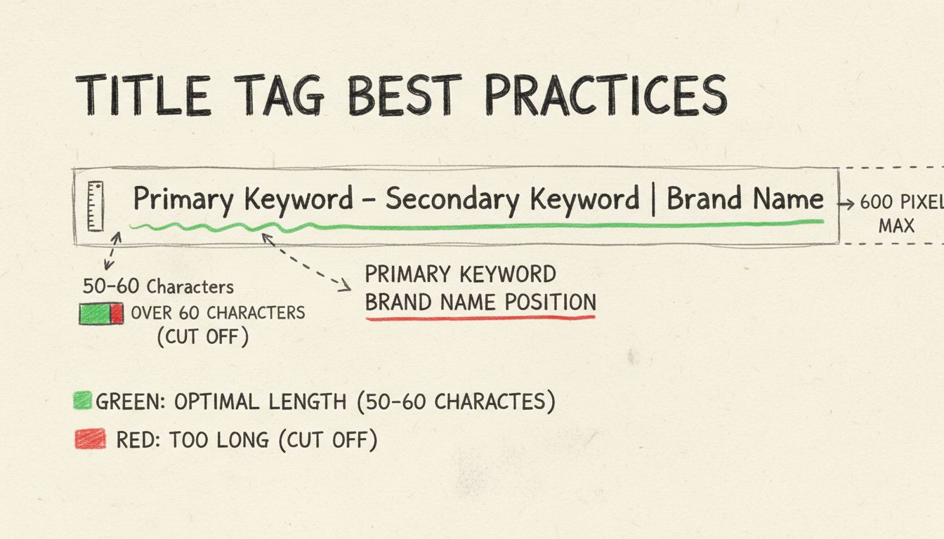 Title tag best practices diagram showing character count, keyword placement, and pixel width guidelines for SEO optimization