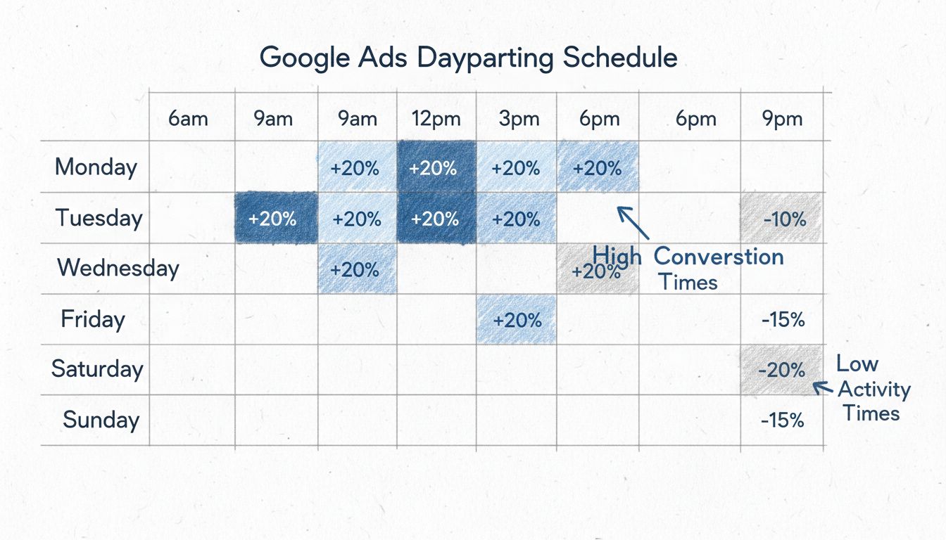 Google Ads dayparting schedule diagram showing weekly calendar with time slots and bid adjustments