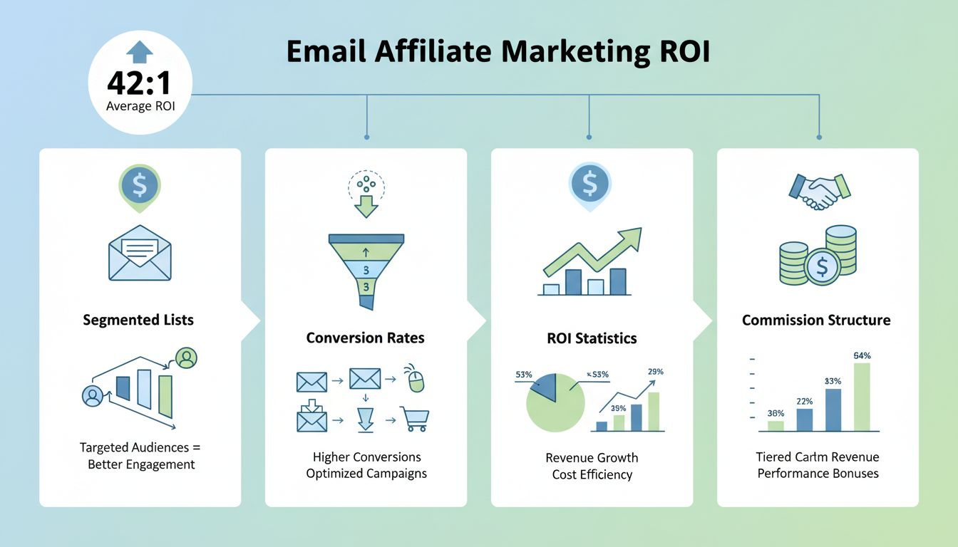 Email Affiliate Marketing ROI Strategy Infographic showing conversion metrics and segmentation benefits