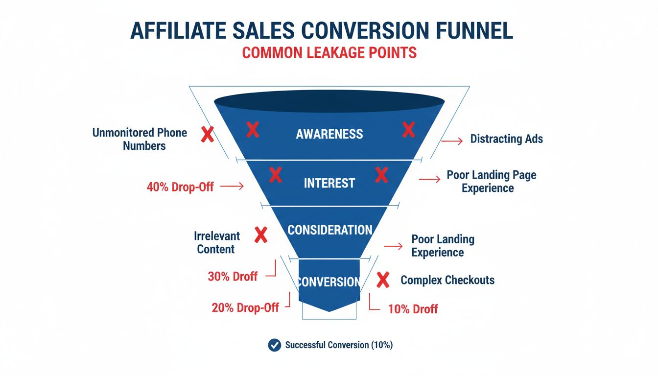 Affiliate sales conversion funnel showing leakage points at each stage with red X marks indicating where prospects abandon