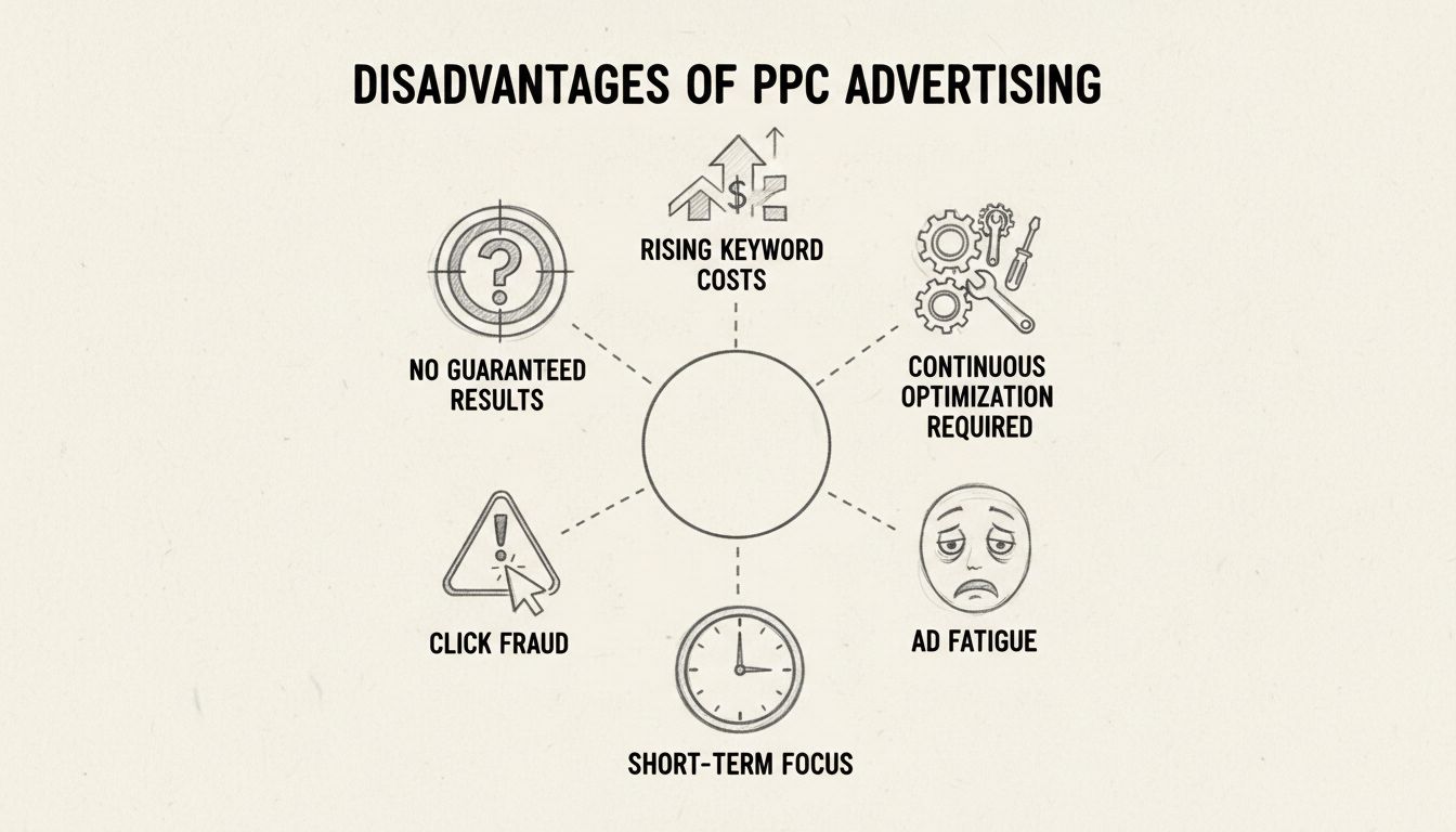 Hand-drawn diagram showing main disadvantages of PPC advertising including no guaranteed results, rising costs, continuous optimization, ad fatigue, click fraud, and short-term focus