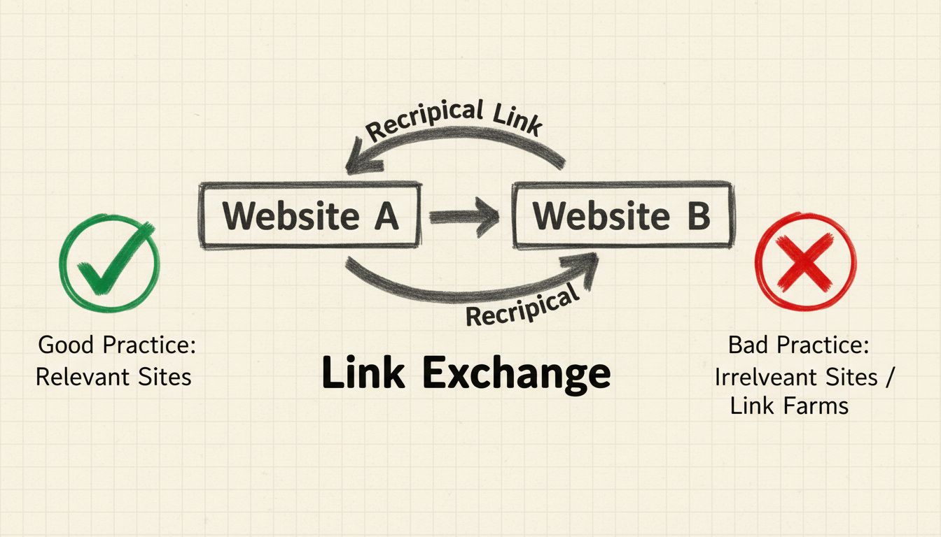 Hand-drawn diagram showing reciprocal linking between two websites with checkmark and X symbols indicating good vs bad practices