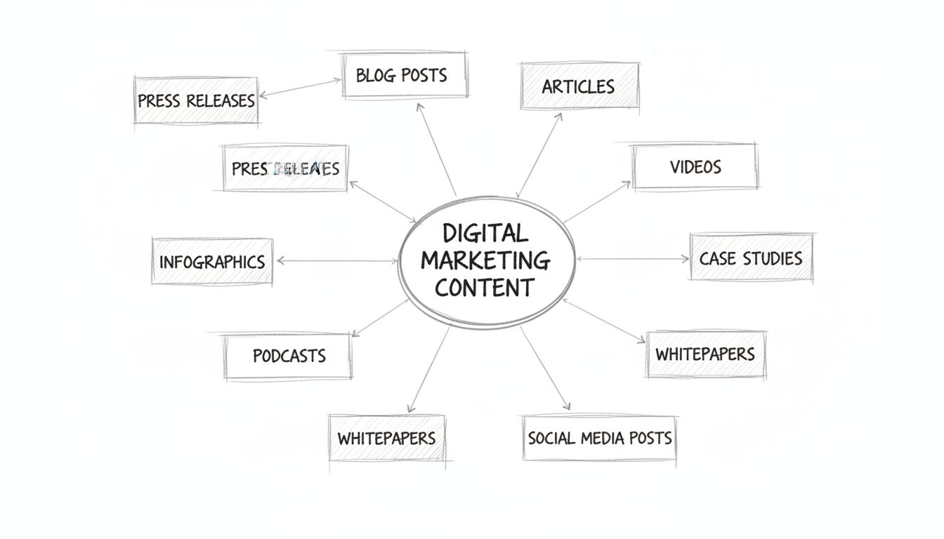 Hand-drawn diagram showing different content types including blogs, press releases, articles, videos, infographics, case studies, whitepapers, social media, podcasts, and webinars