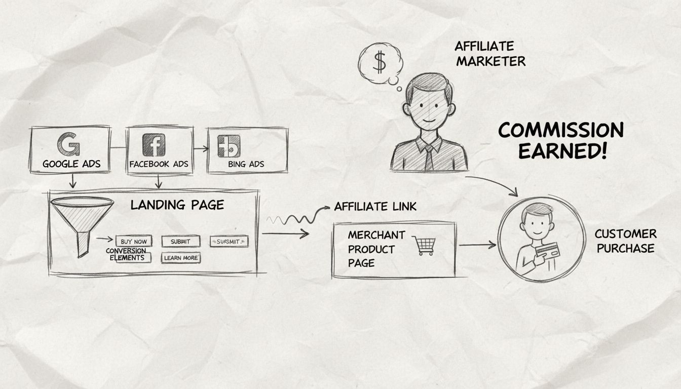 PPC affiliate marketing workflow diagram showing the flow from affiliate marketer through PPC platforms to landing pages and customer purchases