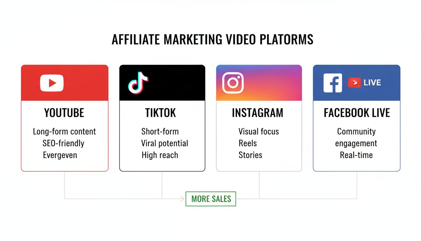 Comparison of YouTube, TikTok, Instagram, and Facebook Live platforms for affiliate marketing videos