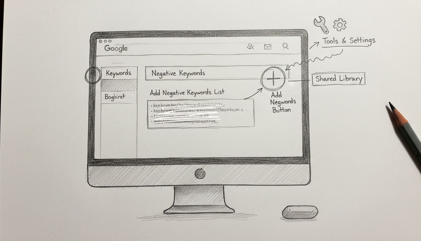 Hand-drawn diagram showing Google Ads negative keywords interface with Tools & Settings, Shared Library, and Negative Keywords List navigation