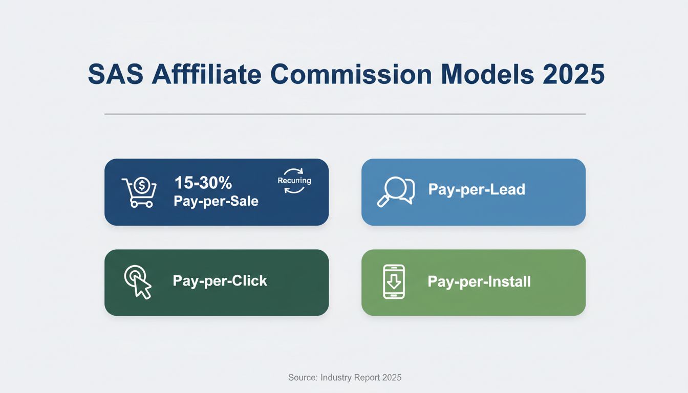 SaaS Affiliate Commission Models 2025 showing Pay-per-Sale, Pay-per-Lead, Pay-per-Click, and Pay-per-Install structures