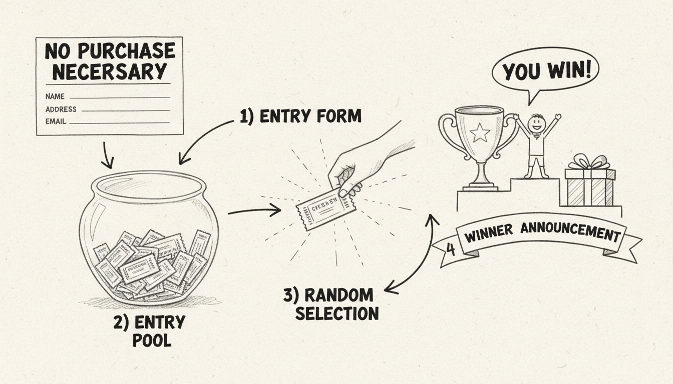 Hand-drawn diagram showing sweepstakes entry process, random selection, and winner announcement