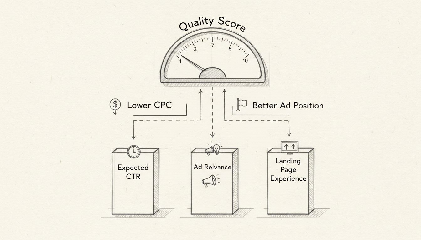 Quality Score components diagram showing Expected CTR, Ad Relevance, and Landing Page Experience pillars leading to Quality Score meter with benefits of Lower CPC and Better Ad Position