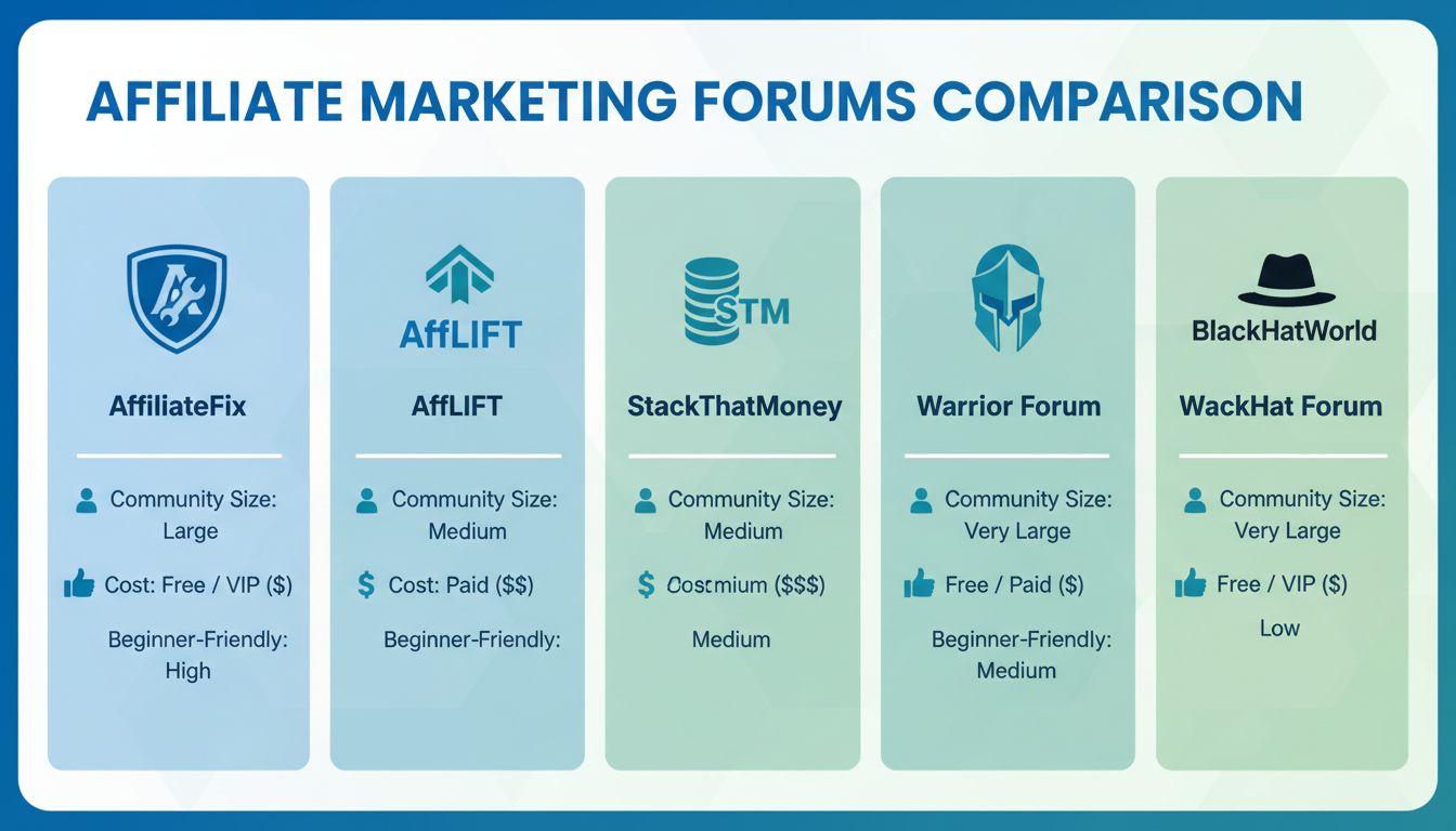 Comparison of top affiliate marketing forums showing AffiliateFix, AffLIFT, StackThatMoney, Warrior Forum, and BlackHatWorld with their key features and pricing