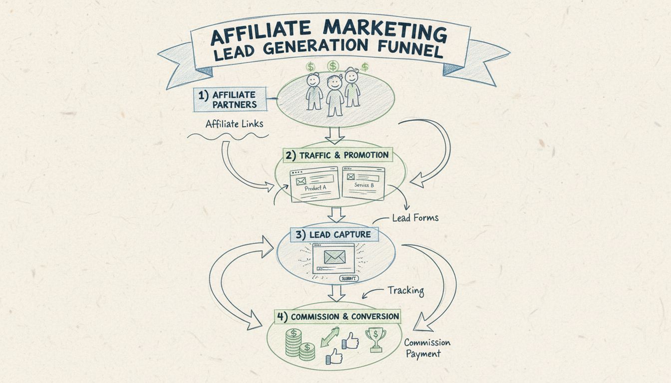Affiliate Marketing Lead Generation Funnel - showing stages from affiliate partners through traffic promotion, lead capture forms, and commission payment