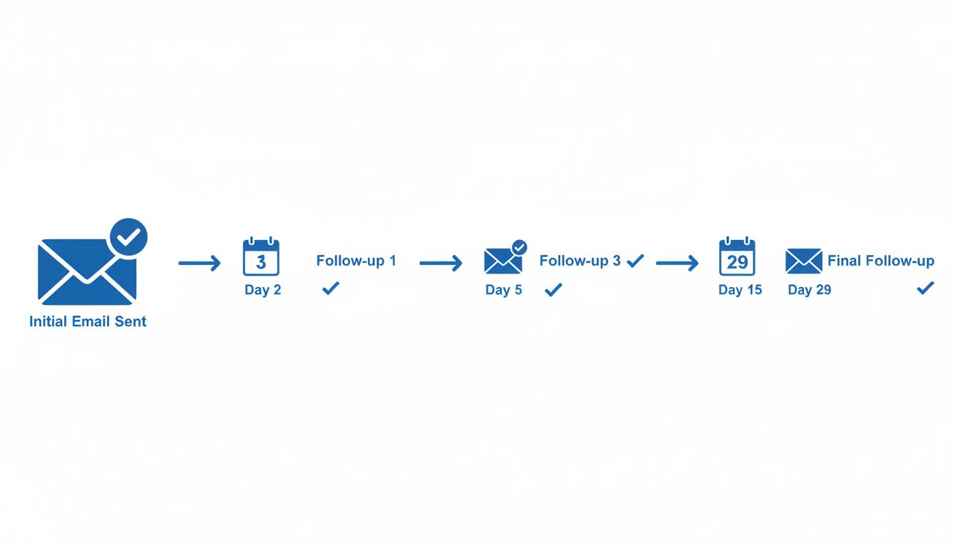 Email follow-up sequence timeline showing 4 follow-up emails at strategic intervals with calendar icons and progression stages