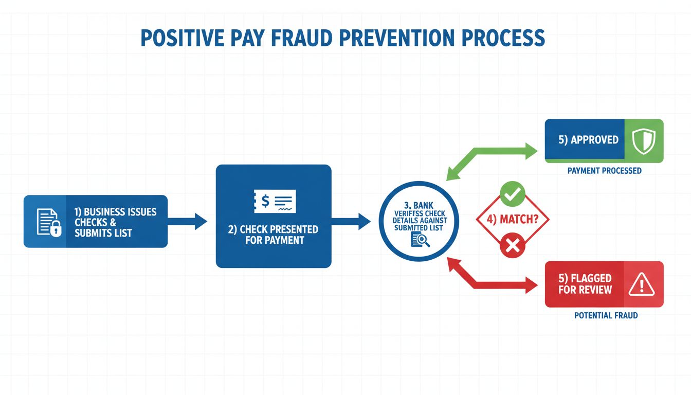 Positive Pay fraud prevention process flow diagram showing check verification steps from issuance through approval or rejection