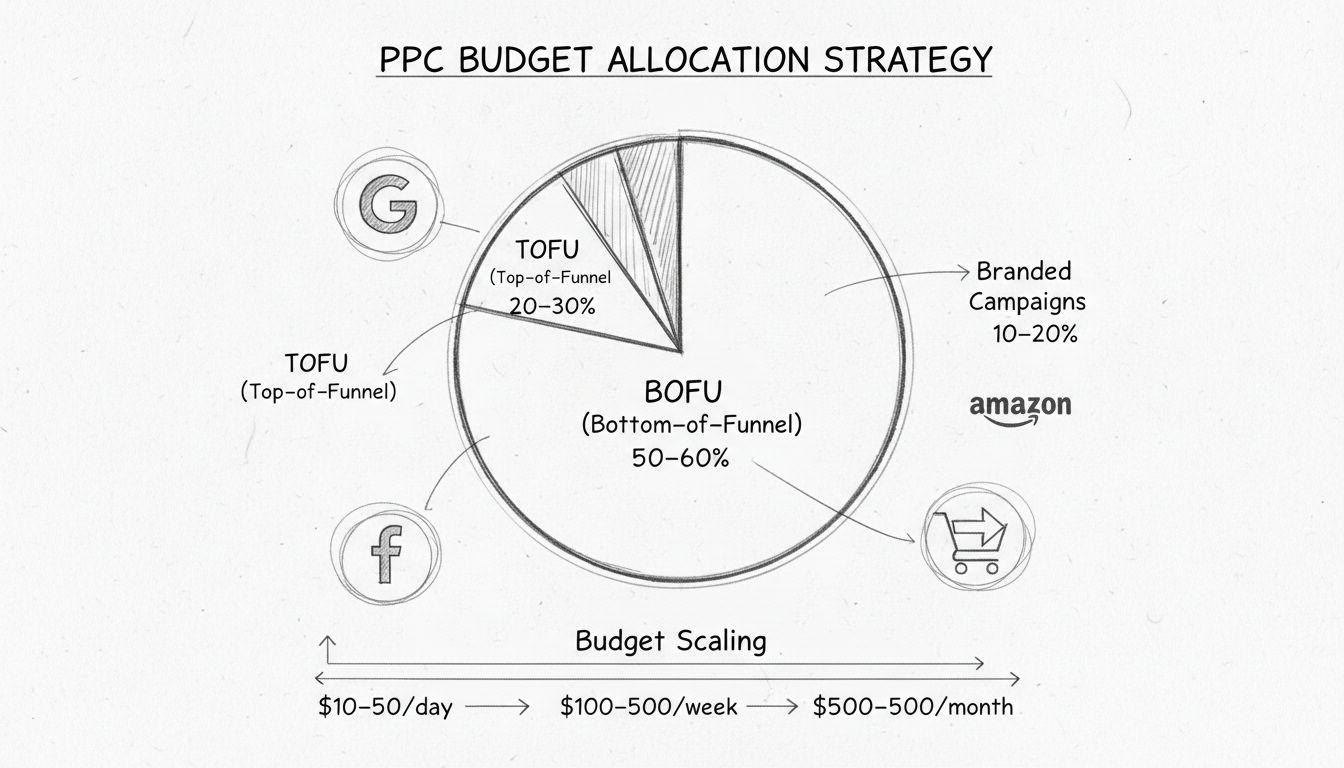 PPC budget allocation strategy showing pie chart with TOFU 20-30%, BOFU 50-60%, and Branded Campaigns 10-20% with budget scaling progression