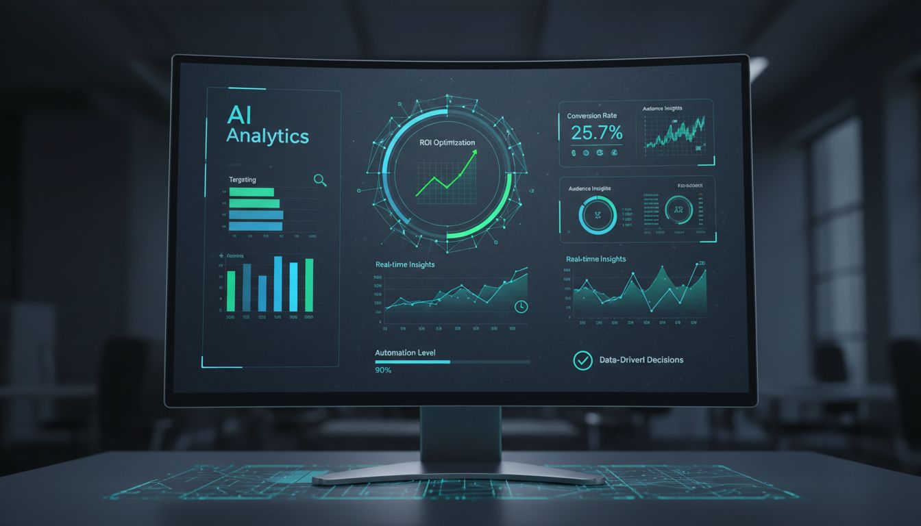 AI-powered affiliate marketing analytics dashboard showing real-time data visualization with targeting optimization, ROI metrics, conversion rates, and audience insights