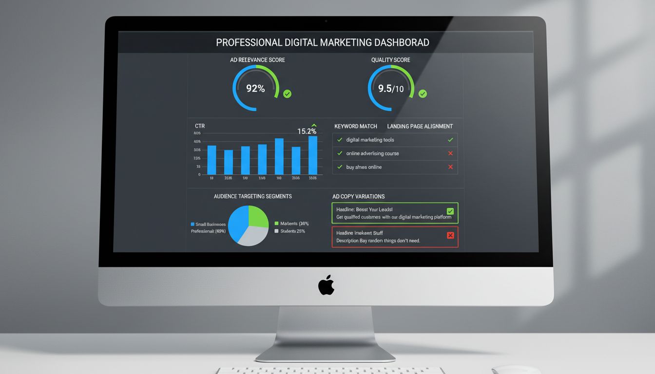 Ad relevance metrics dashboard showing quality scores, CTR, and keyword performance