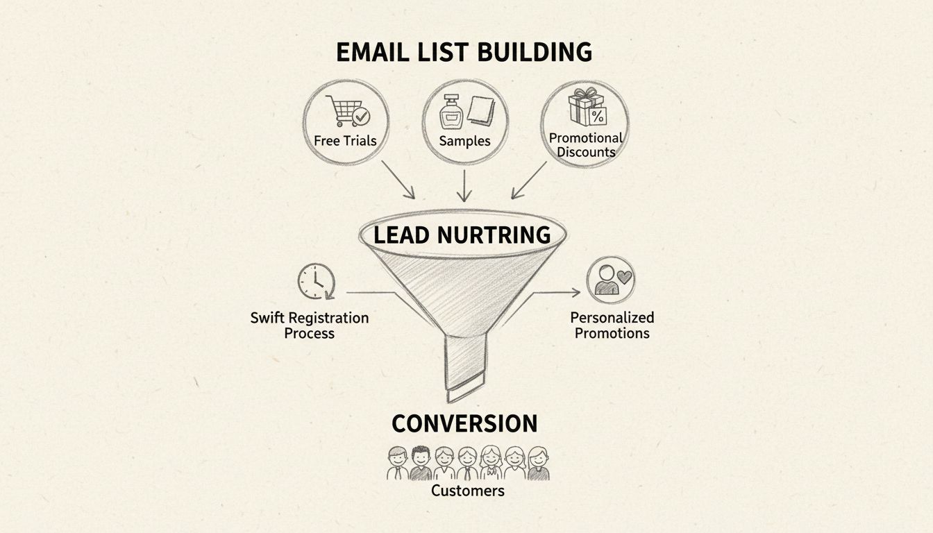 Fashion brand lead generation funnel strategy showing email list building, lead nurturing, and conversion stages