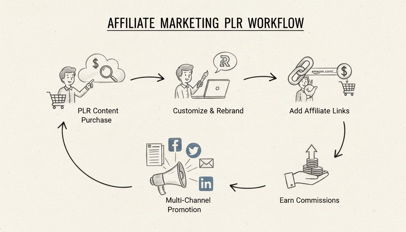 Hand-drawn diagram showing PLR content workflow: purchasing, customizing, adding affiliate links, multi-channel promotion, and earning commissions