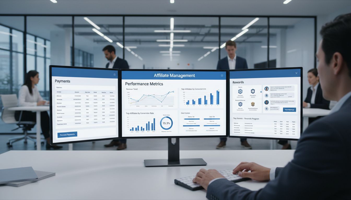 Professional affiliate manager dashboard showing performance metrics, payments, communication tools, and reward systems