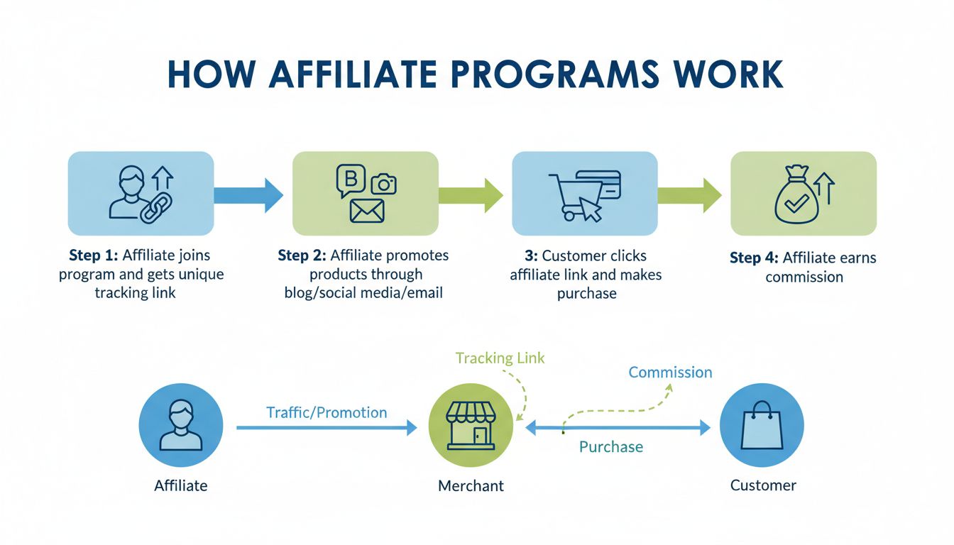 Affiliate program flow diagram showing how affiliates join programs, promote products, and earn commissions