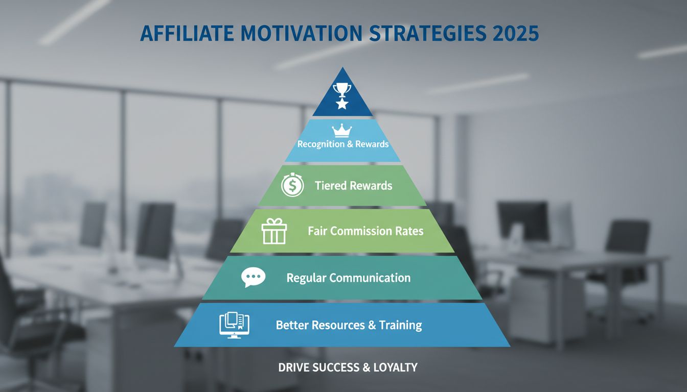 Affiliate motivation pyramid showing six levels: Better Resources & Training, Regular Communication, Exclusive Offers, Fair Commission Rates, Tiered Rewards, and Recognition & Rewards