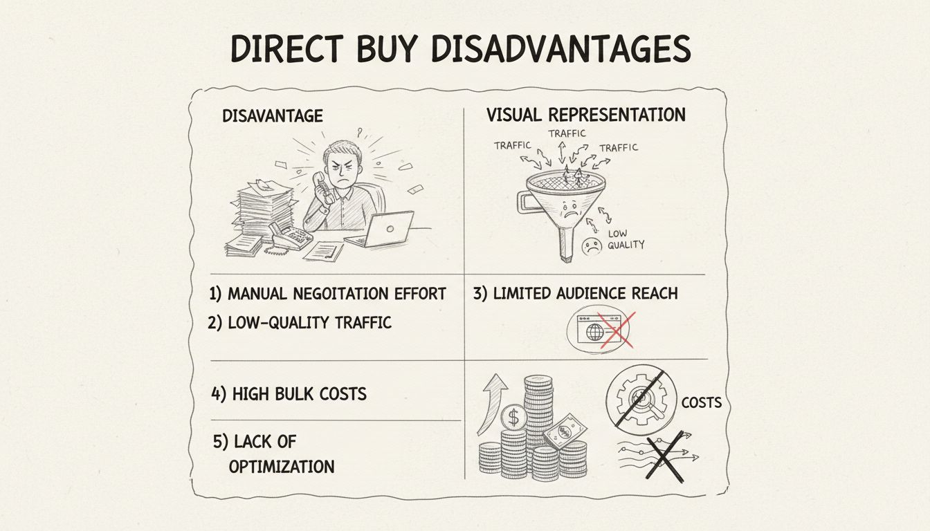 Hand-drawn diagram showing the five main disadvantages of direct buys: manual negotiation effort, low-quality traffic, limited audience reach, high bulk costs, and lack of optimization
